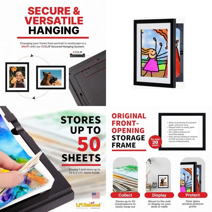 Szafka na prace plastyczne Lil Davinci mieści do 50 sztuk prac o wymiarach 21,6 x 27,9 cm z wymiennymi ramkami, otwierana od przodu, zewnętrzna powłoka drewniana.