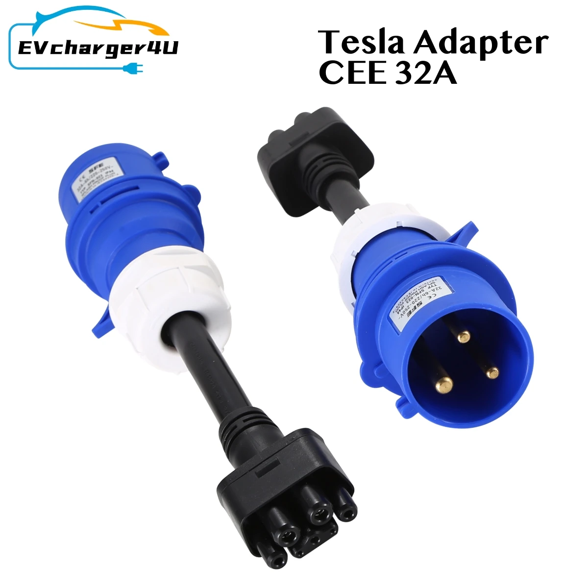 EVCharger4U 3Pin Blue CEE 32A Tesla Adapter 240V Gen 2 EV pigtail connector Adaptor for Model 3 S X Y