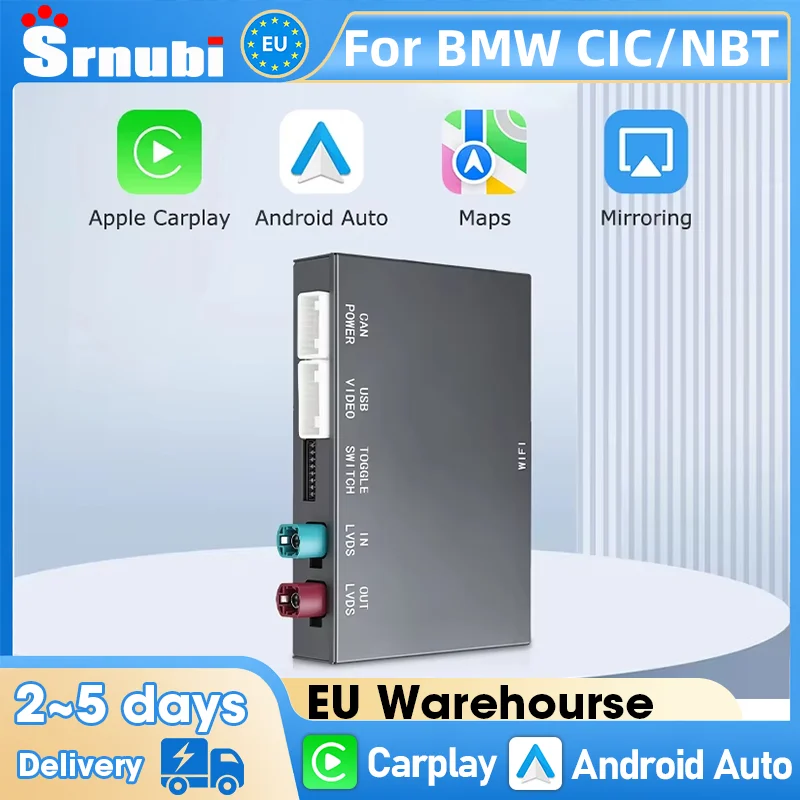 Srnubi Auto-Nachrüstkit für drahtloses CarPlay und Android Auto für BMW NBT CIC System, passend für 1-5er Serie X1 X3 X4 X5 F20 F21 F30 F31 F34 F10 F48 F25 F26 F15 F60 E84