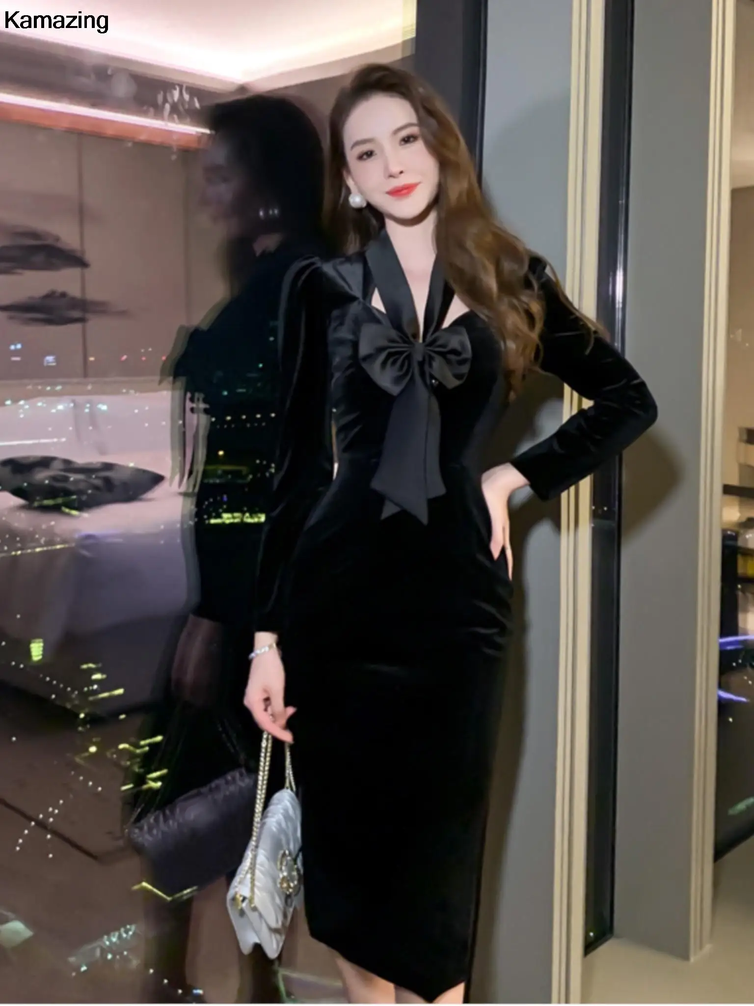 Sexy elegante vita sottile Midi Derss donna Vintage velluto con scollo a v abiti Office Lady Package Hip Pencil Dersses vestiti autunnali