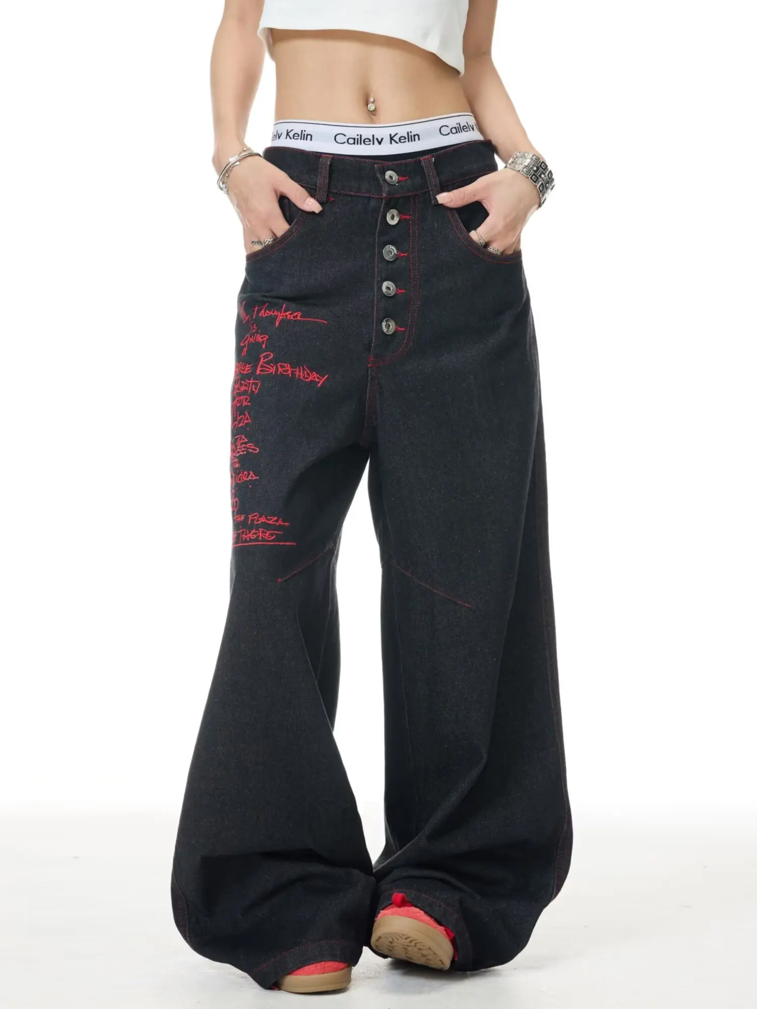 

Женские джинсы Корейские джинсы с пуговицами High Street Осенние прямые брюки Черные широкие брюки в стиле хип-хоп Повседневные брюки Новинка