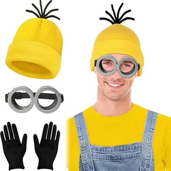 Anime desprezível me minions cosplay traje gorro amarelo luvas elásticas steampunk óculos trajes de halloween para criança e adulto