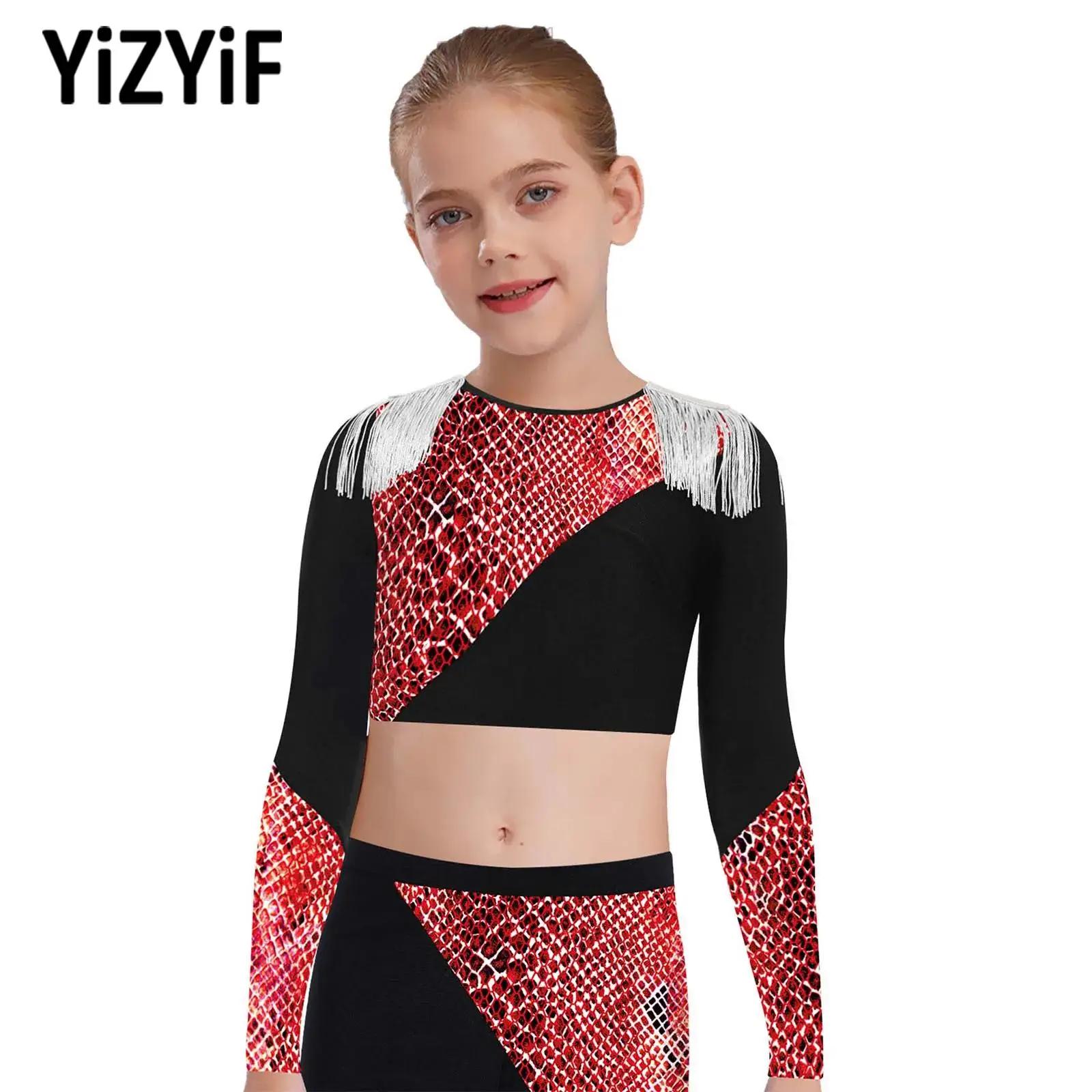 

Kids Streetwear Girls Jazz Hip Hop Modern Dance Stage Performance Costume Long Sleeves Tassels Metallic Shoulder Board Crop Top