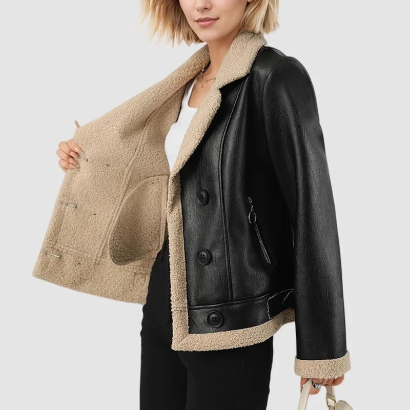 HKSH Otoño Invierno nueva chaqueta de mujer con forro polar de cuero PU grueso cuello vuelto bolsillos de doble botonadura abrigo elegante HK12956