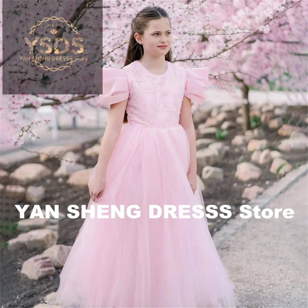 

Luxury Formal Pleat Beading Applique A Line Princess Flower Girl Dress Wedding Party First Communion Dress Customized
