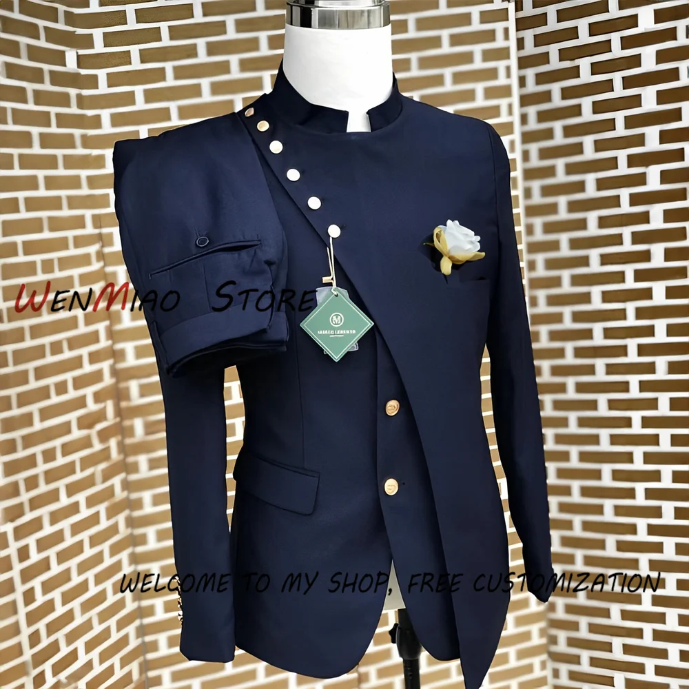 Navy Blue Men\'s Suit Single Breasted Blazer 2-piece Set Wedding Groom Tuxedo Indian Style Clothing XS-5XL Custome