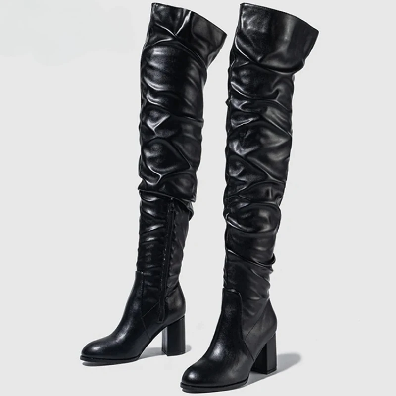 Size 35-42 Black Women Zip Over The Knee Thigh High Boots Fashion Pleated Leather Round Toe Square Heels Booties Shoes
