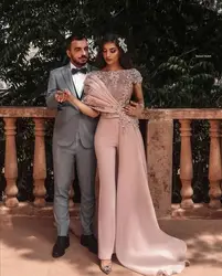 Customized  Prom Jumpsuit with Side Train Lace Floral Beaded Arabic Aso Ebi Stain Occasion Evening Dress with Pant Suit