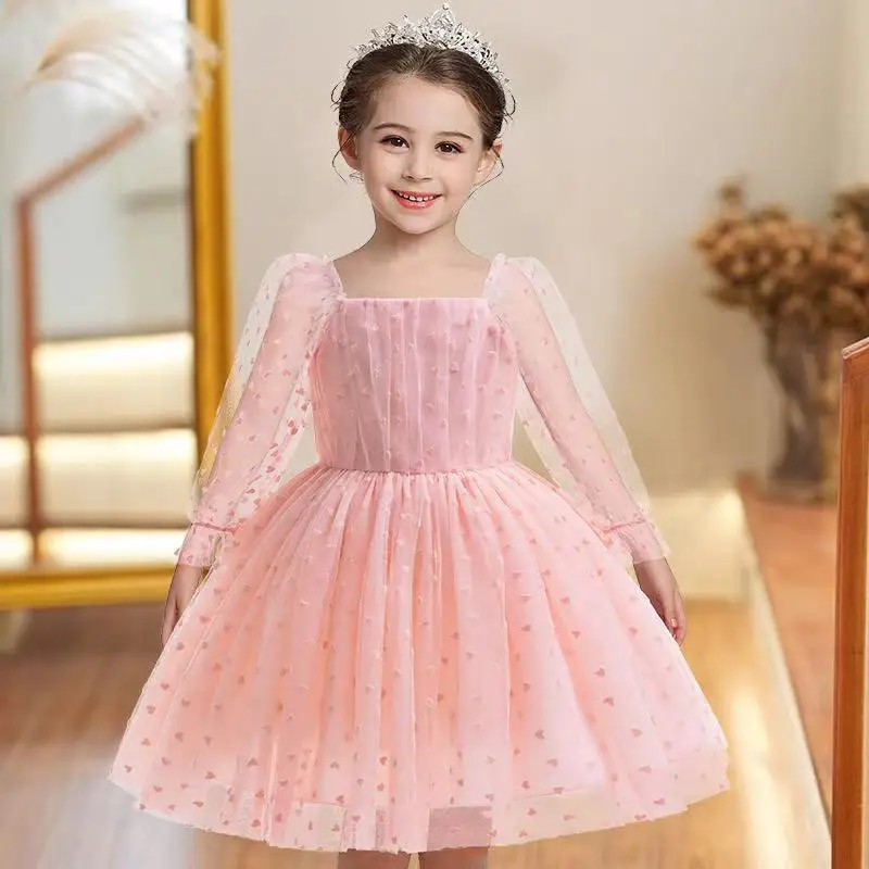 

2025 New Birthday party polka dot mesh girl princess dress sleeves bow festival stage performance girl elegant evening dress