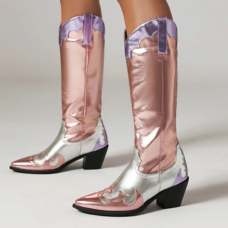 Women\'s High Boots Western Cowboy Cowgirls Boot Autumn Winter Patchwork Gold Pink Long Shoes Footwear Lady Large Size 45 Comfort