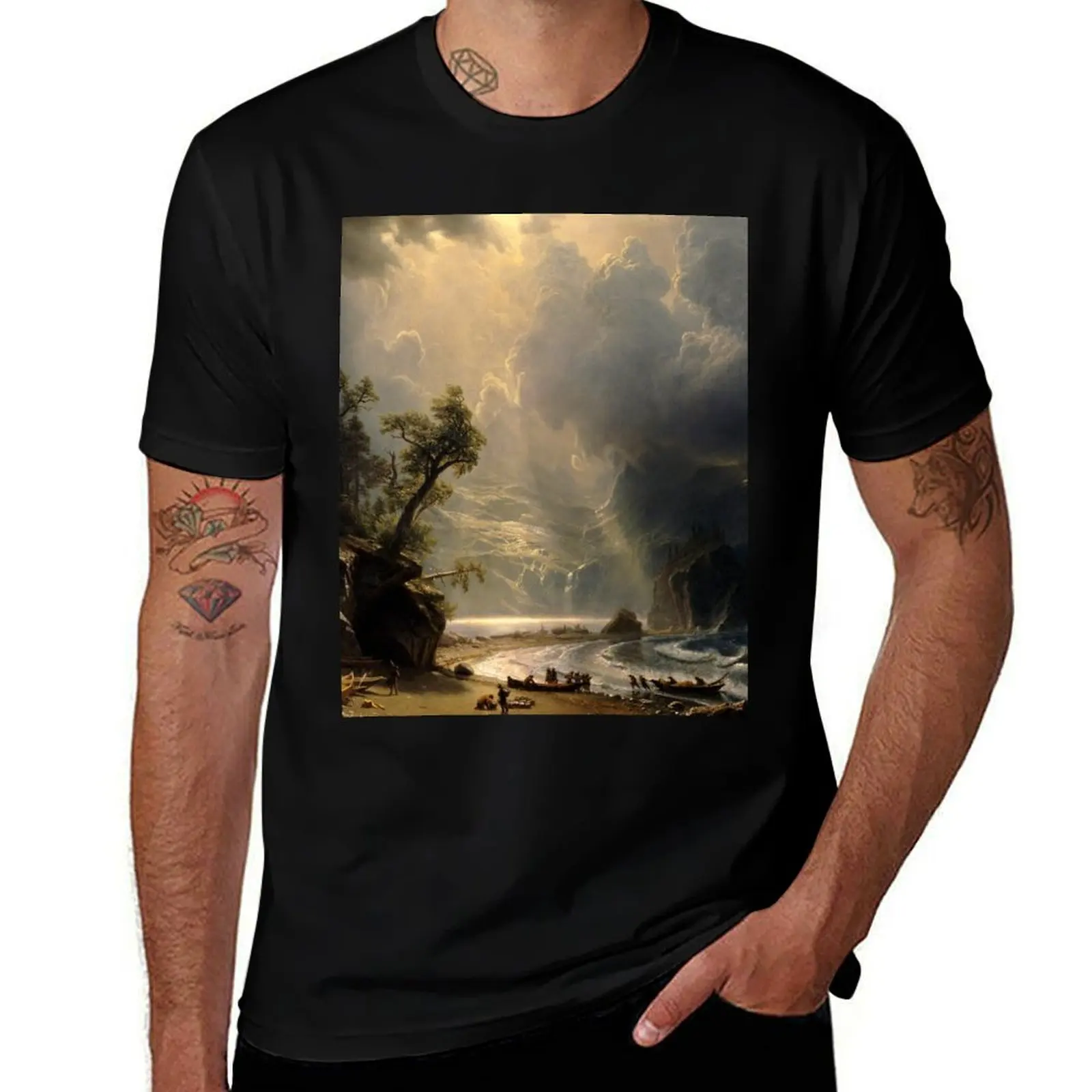 

Puget Sound on the Pacific Coast, 1870 by Bierstadt T-Shirt t shirt for man t shirts with prints t shirts cotton 100% T-Shirt
