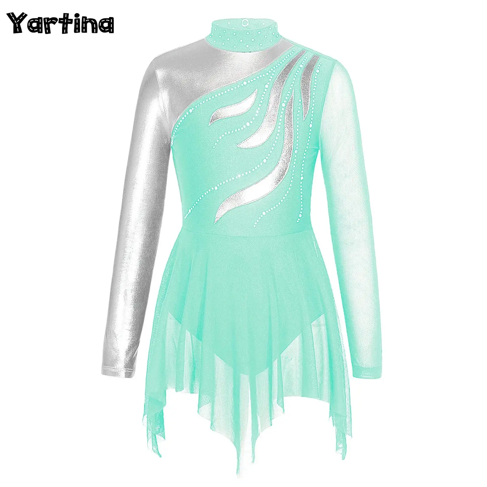 Girls Gymnastics Artistic Figure Skating Ballet Lyrical Dance Body Mesh Asymmetrical Skirt Shiny Rhinestone Tight Fitting Dress