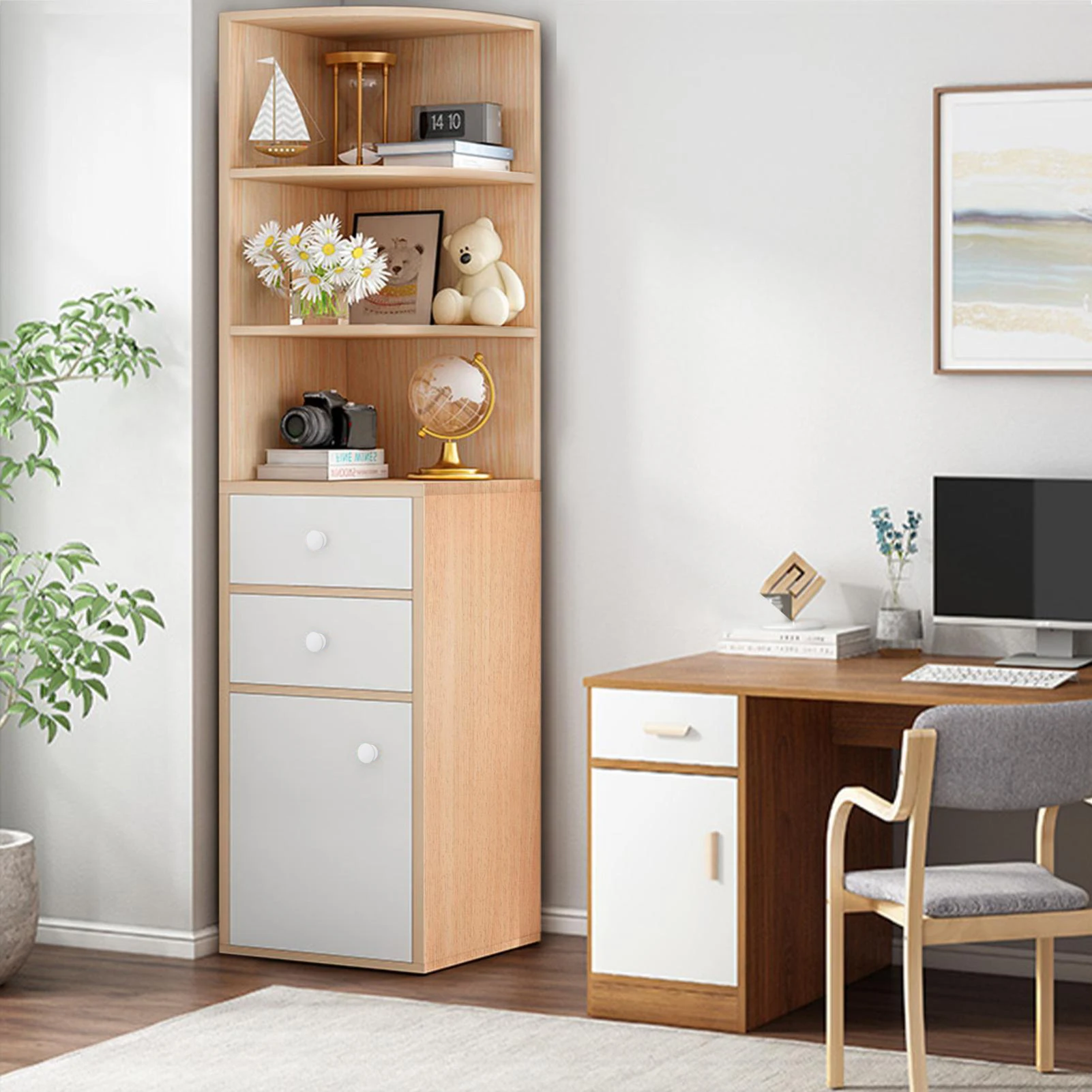 Tall Corner Cabinet with Shelves, Drawer, and Door: Ideal for Bathroom, Laundry and Living Room