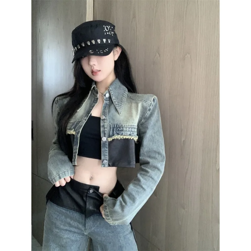 American Spicy Girl Denim Patchwork Coat Wide Leg Pants Two Piece Set Women Lapel Single Breasted Tassel Cool Autumn Lady Suit