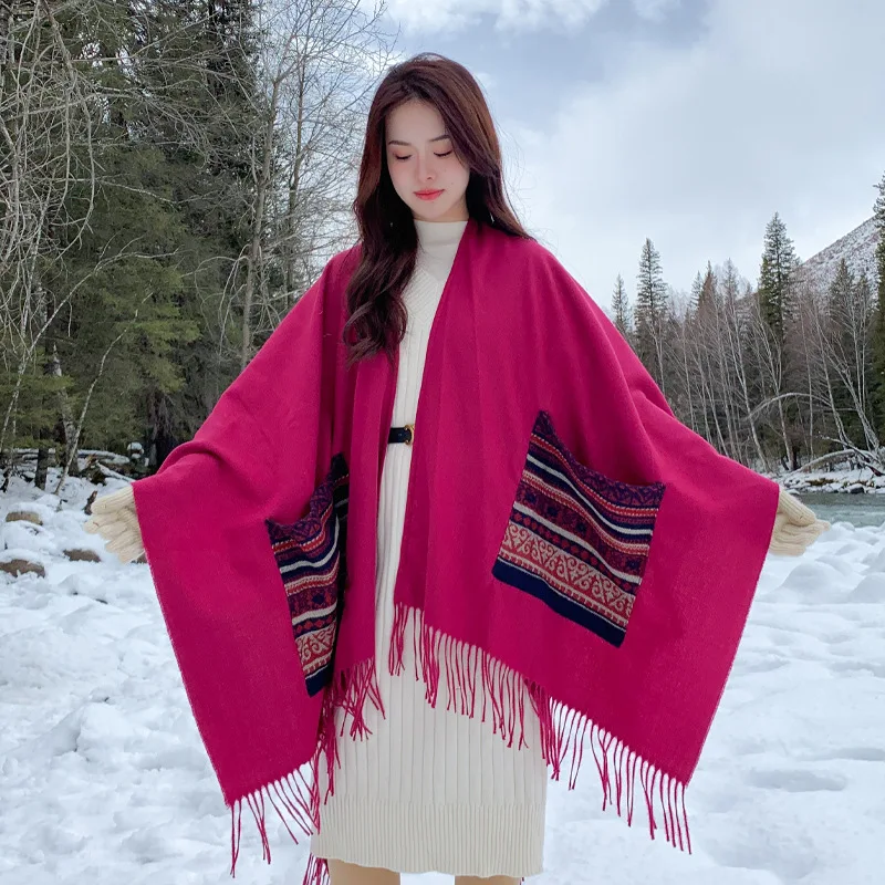 

Winter outdoor cold-proof comfortable and warm split shawl casual versatile personalized ethnic style cape with pockets and long