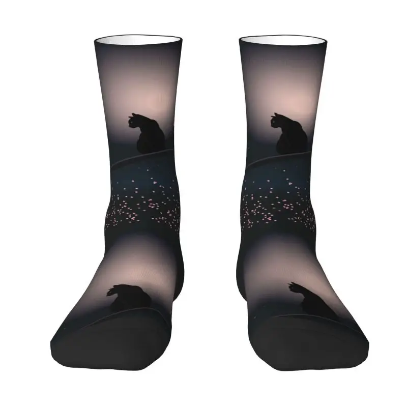 Custom Black Cat On A Beautiful Night With Full Moon Men's Crew Socks Unisex Cute 3D Printing Dress Socks