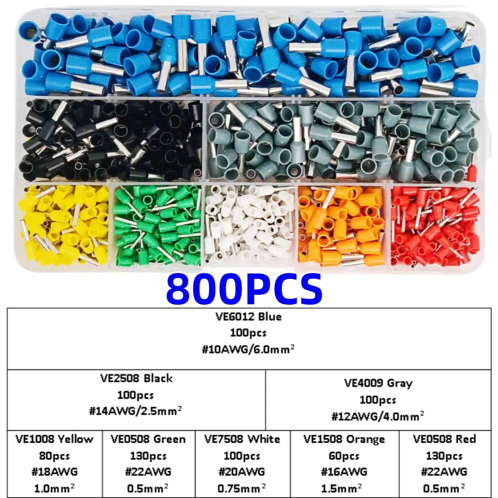 450/800PCS Boxed VE Tubular Insulated  Block Cord End Crimping  Terminal， Cable Wire Connector Electrical Tube Terminals Suit