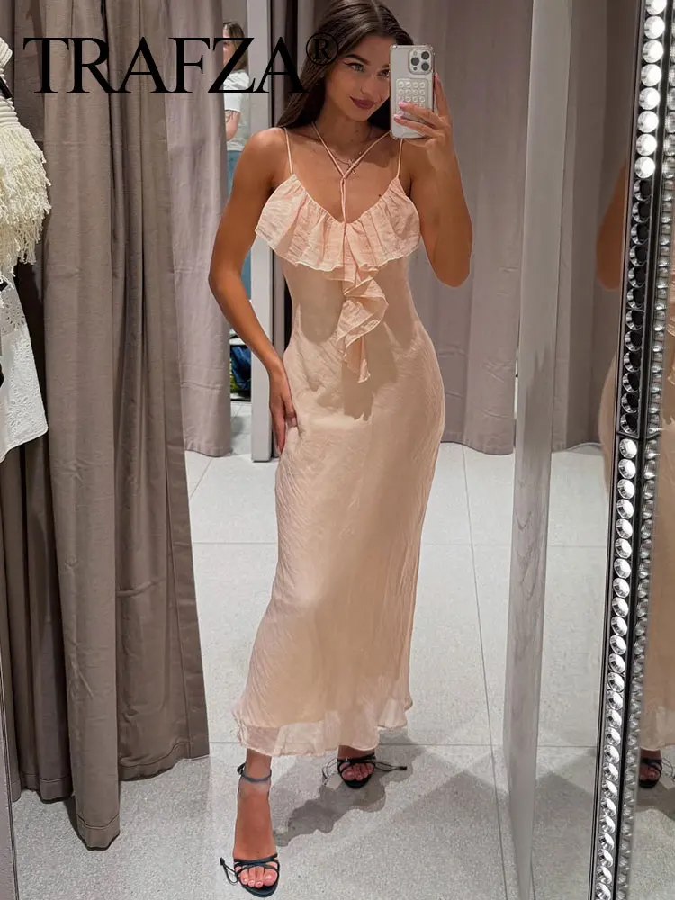 

TRAFZA Summer Beach Holiday Causal Midi Sling Dress Sleeveless V-neck Layer Lingerie Breathable Slim Women's Trendy Dresses