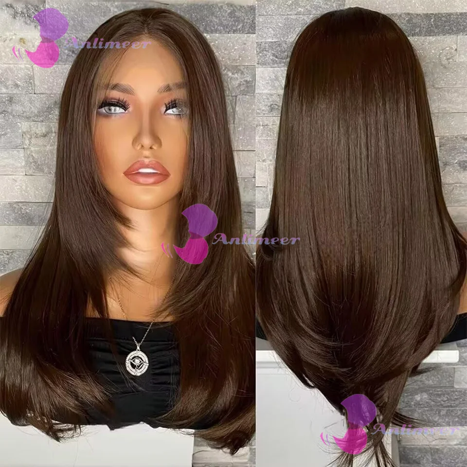 Dunkelbraune, geschichtete, glatte Echthaarperücken aus brasilianischem Haar, 13x6/360 Full Lace Perücken mit gebleichten Knoten, vorgezupft, 5x5 Silk Top Closure Perücken