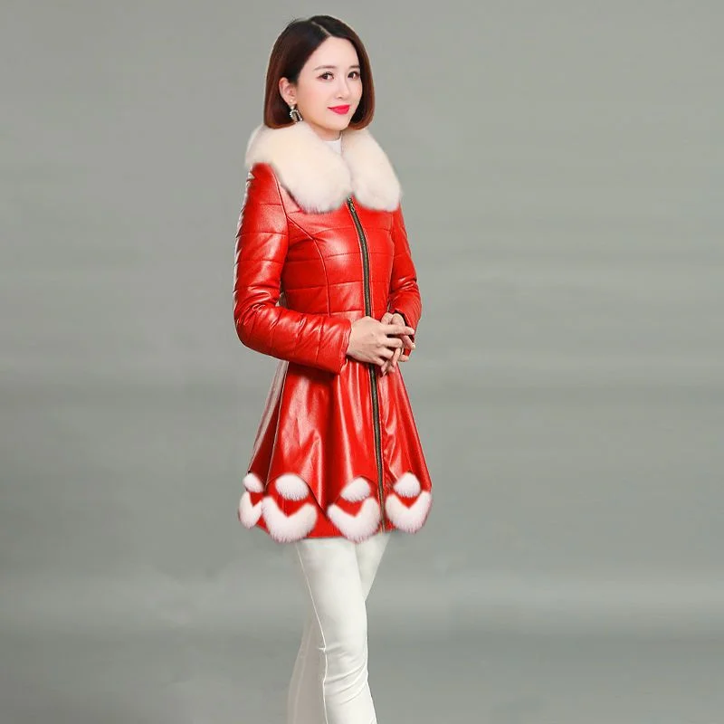 

Fashion Leather Cotton Coat Parker Women Winter Jacket Coat New Mid Long Imitation Fox Fur Hooded Slim Warm PU Leather Overcoat