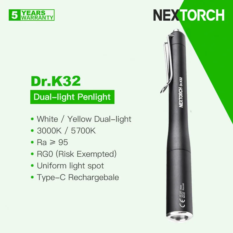 Nextorch Dr.K32 Professional Medical/Doctor Penlight, White/Yellow Dual Lights, RG0(Risk Exempted),Type-C Rechargeable