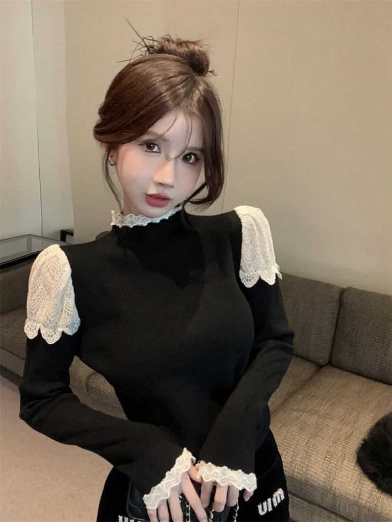 

Корейский кружевной вязаный свитер с деревянными ушками и высоким воротником, облегающий вязаный свитер, женский базовый слой в стиле пэчворк, осенняя мода, повседневный