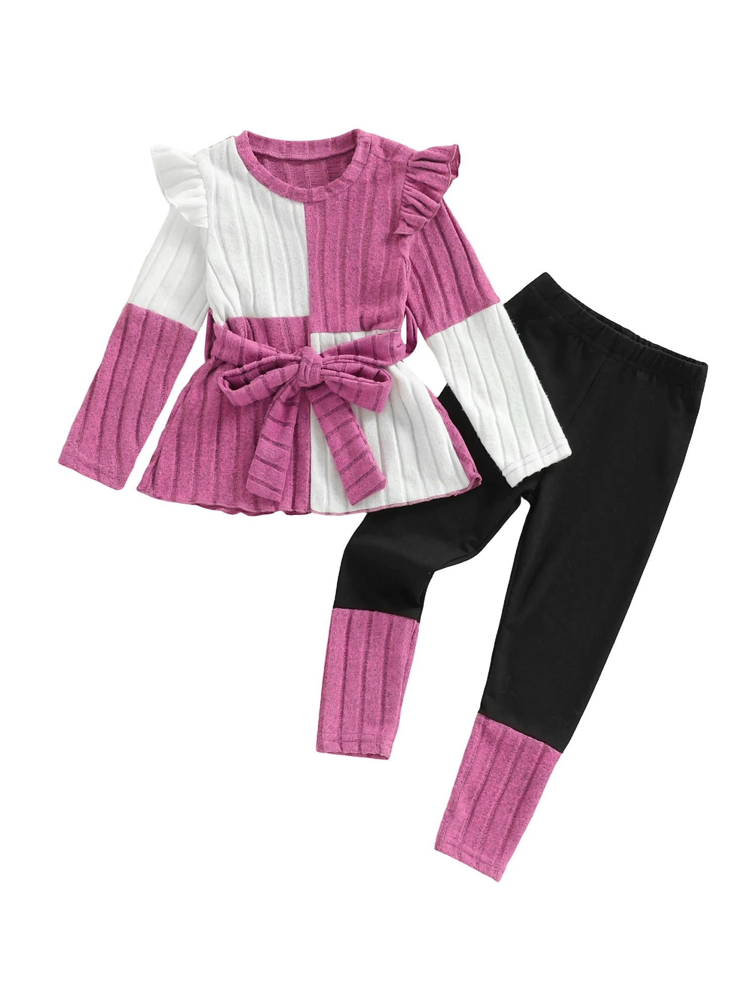 طقم ملابس تريكو للفتيات الصغيرات مع بنطال وحزام برقبة دائرية مكشكشة - مجموعة مكونة من 3 قطع بألوان متباينة