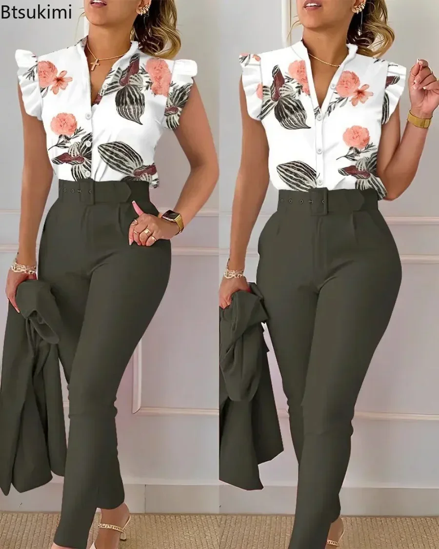 New 2024 Women\'s Summer Casual Sets 2PCS Printed Lotus Leaf Sleeve Top and Pants Set with Belt Female Suit Sets Outfits Workwear