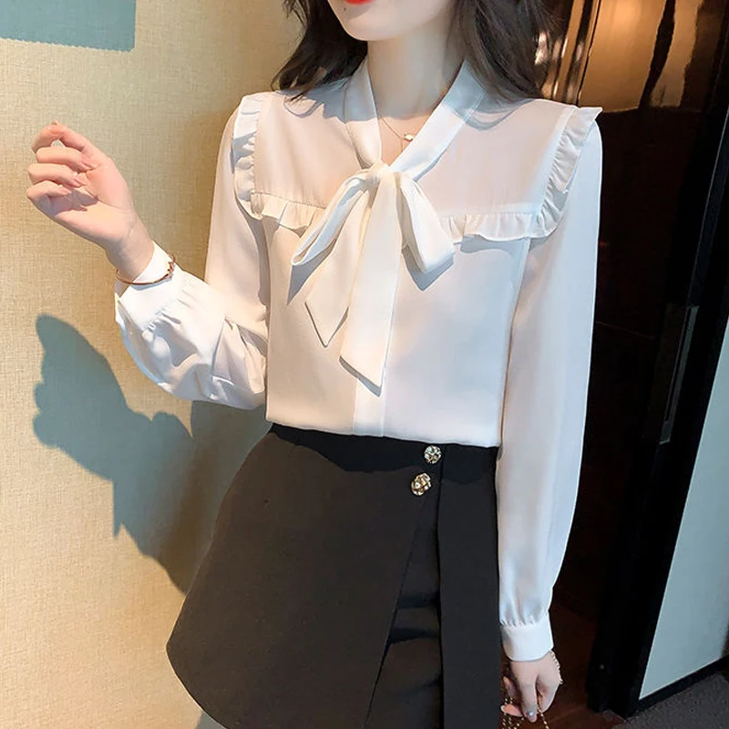 Women French Style Ruffled Lace Up Bow Chic Shirts Spring Autumn Trendy Long Sleeve Elegant Blouses White Sweet Fairy Tops Blusa