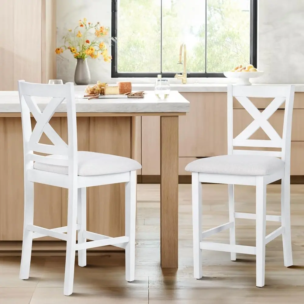 مجموعة من 2 مقعد بار منجد باللون الرمادي والأبيض مع ظهر متقاطع لتناول الطعام في جزيرة المطبخ #1