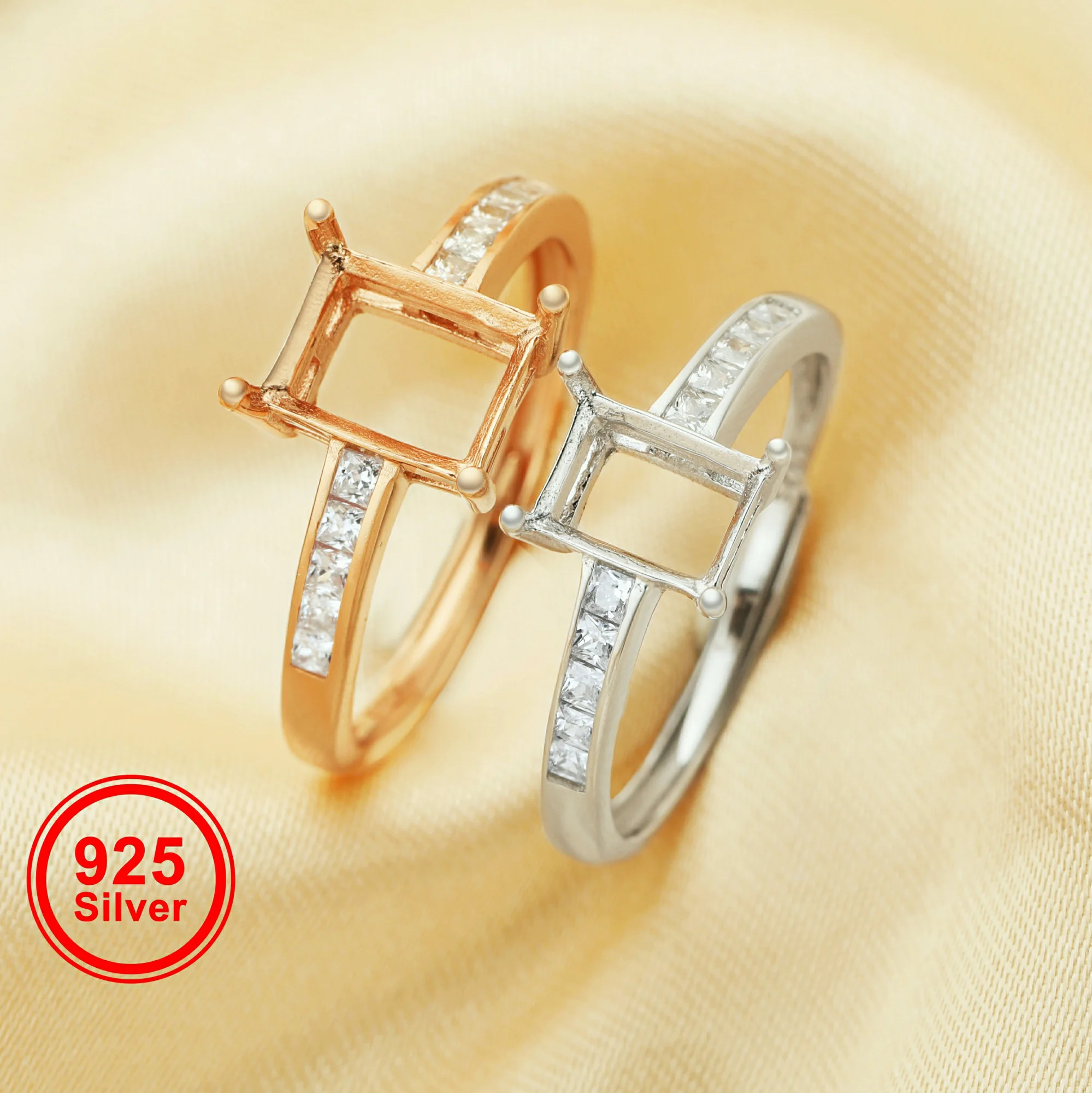 

Multiple sizes rectangle rose gold silver Gems CZ stone prong bezel solid 925 sterling silver adjustable ring settings 1294132