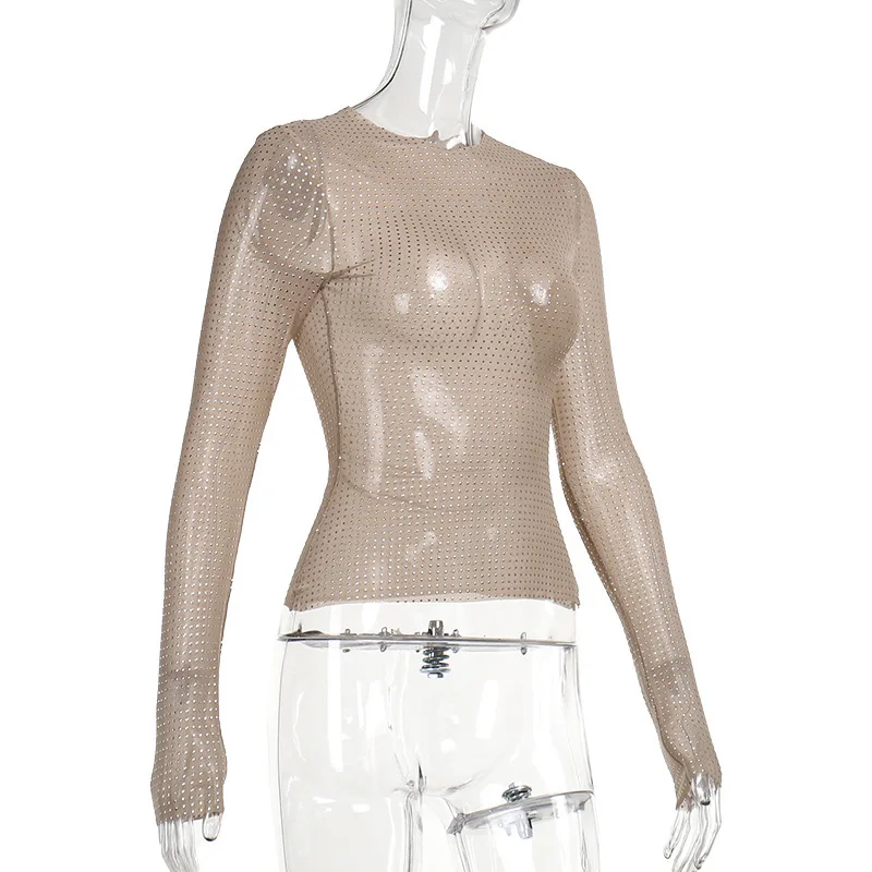 Hot Drill Flesh-colored See-through T Shirt Women Long Sleeve O Neck Loose Tshirt Women Tee Shirt Tops Camisetas Mujer