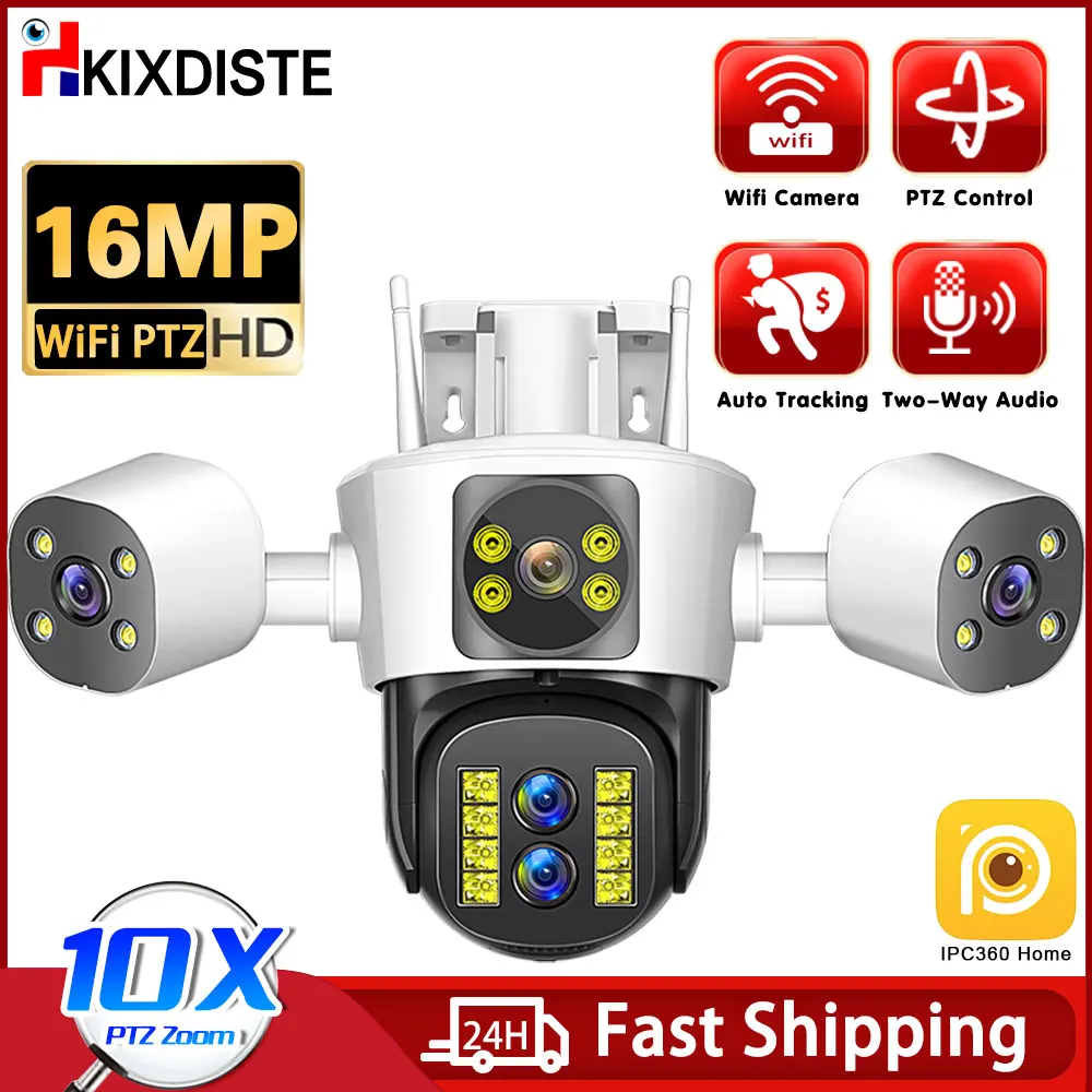 

16MP 8K WiFi Security Cameras Four Len Three Screens 10X Zoom Outdoor PTZ Video Cam Auto Tracking 6K Waterproof Surveillance Cam