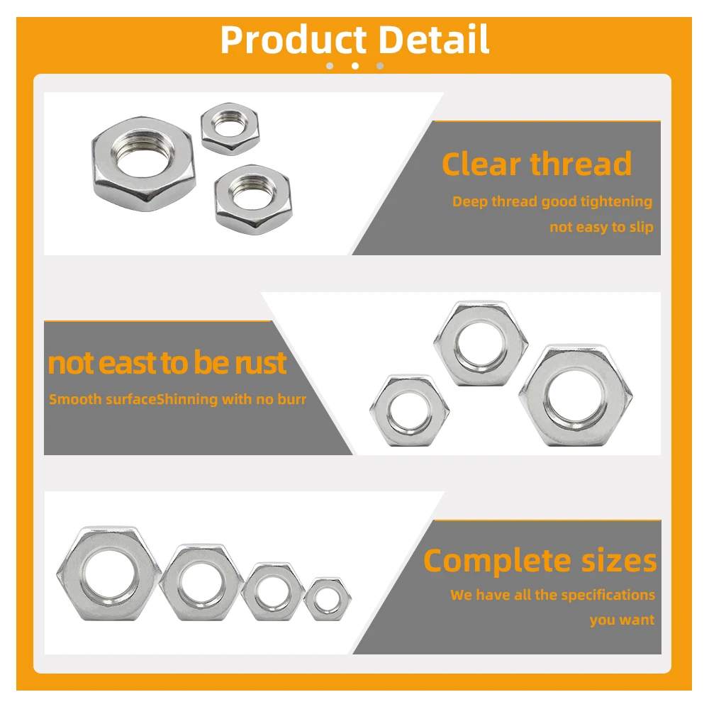 JUIDINTO Hexagon Thin Nuts Stainless Steel M3 M4 M5 M6 M8 M10 M12 M14 M16 M18 M20 Hex Thin Nuts DIN439