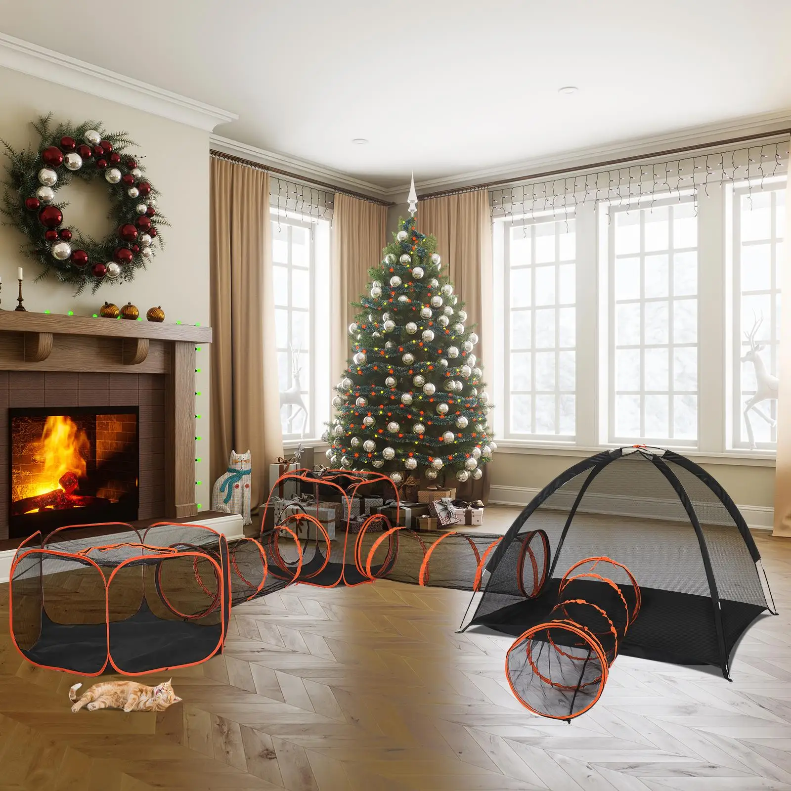 6-in-1 Portable Outdoor Cat Enclosure with Tunnels & Play Tent, Safe Playpen for cats , Rabbits & Small Animals - Orange