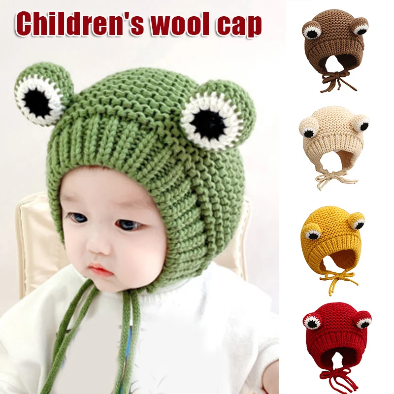 Frog Figure Woolen Hat 48-50cm Cartoon Beanie Hat Winter Knit Wool Cap With Earflap For Infant And Baby