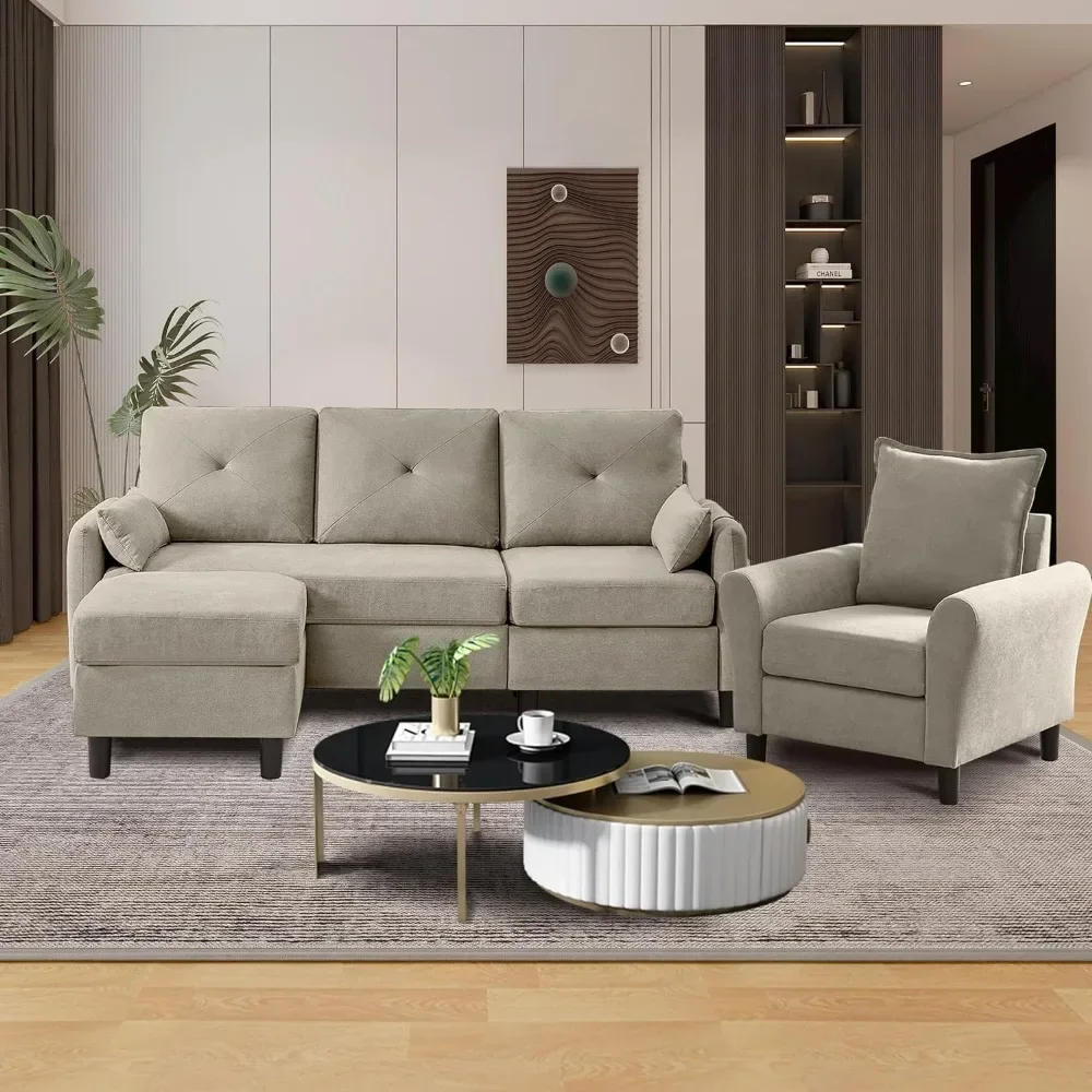 2 Piece Convertible Sectional Sofa Set for Living Room, 3-Seat L Shaped Couch with Ottoman Side Pocket Single Seat Accent Chair