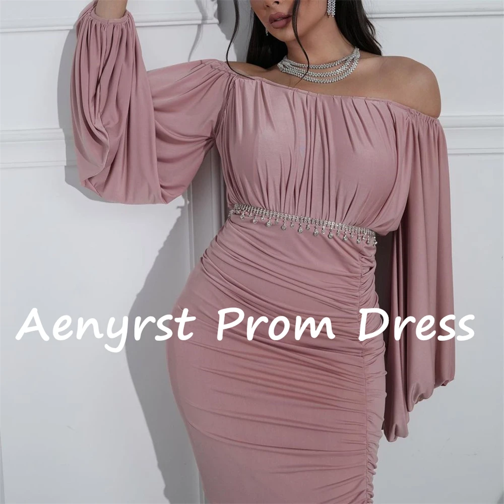 Aenyrst Off The Shoulder Long Puff Sleeves Prom Dresses Mermaid Pleated Split Evening Gowns Floor Length Formal Occasion Dress