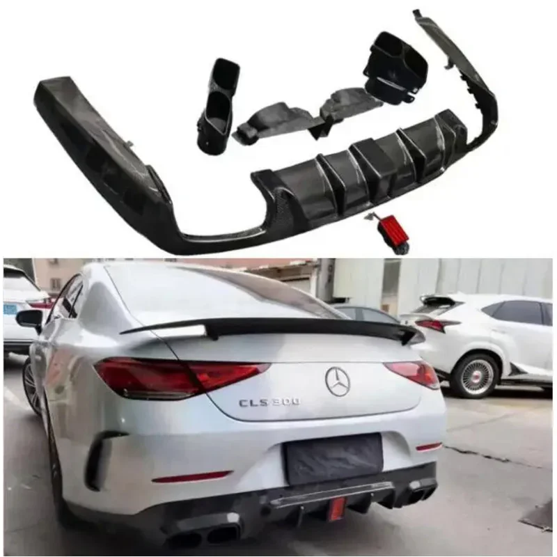 Real Carbon Fiber Rear Bumper Lip Diffuser Spoiler With Exhaust Tips For Benz W257 CLS260 300 350 CLS53 AMG 2019-2023