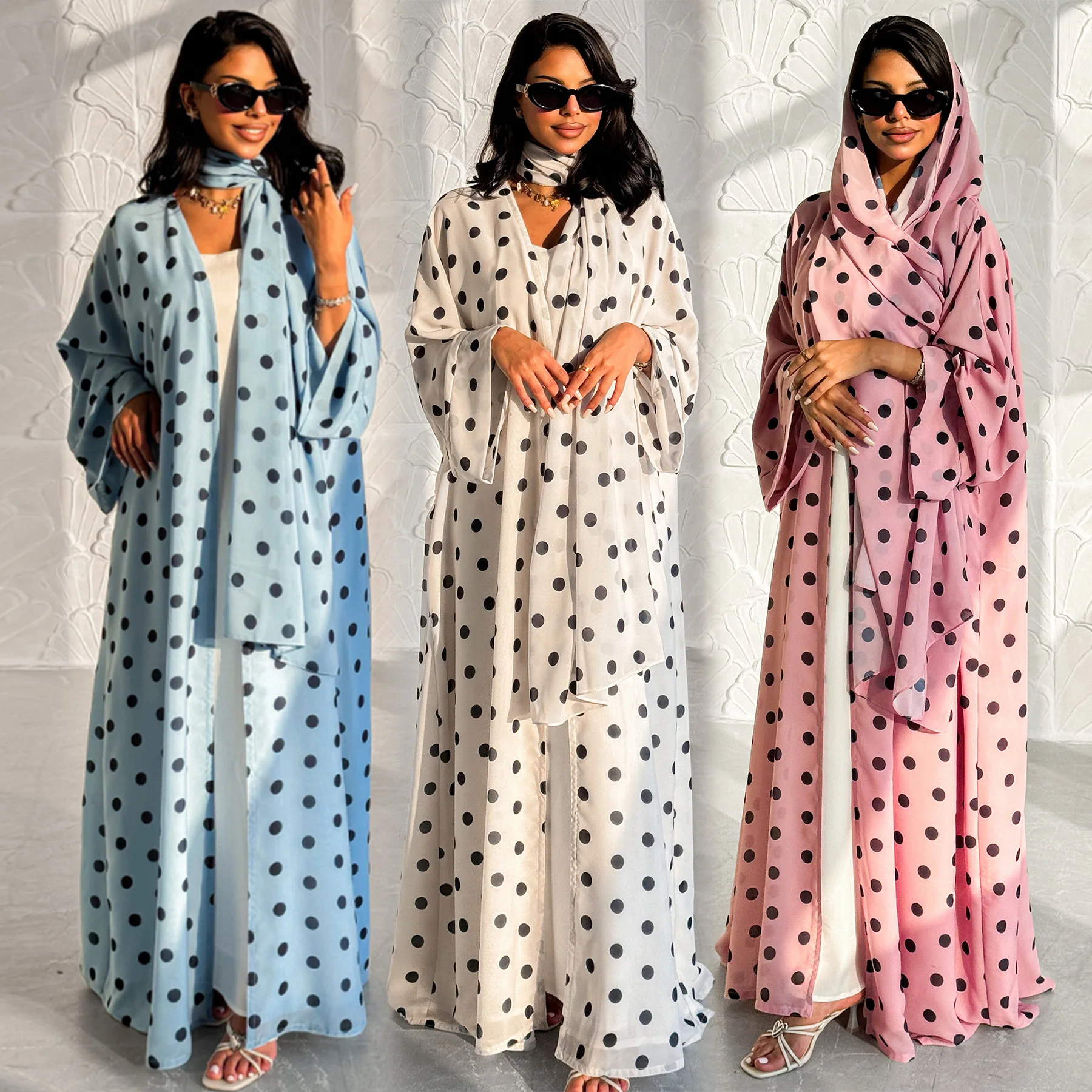 البولكا نقطة يطبع الحجاب الزي طفيف Batwing الأكمام جيوب جانبية عباية + وشاح شال، رمضان المرأة المسلمة الملابس الإسلامية