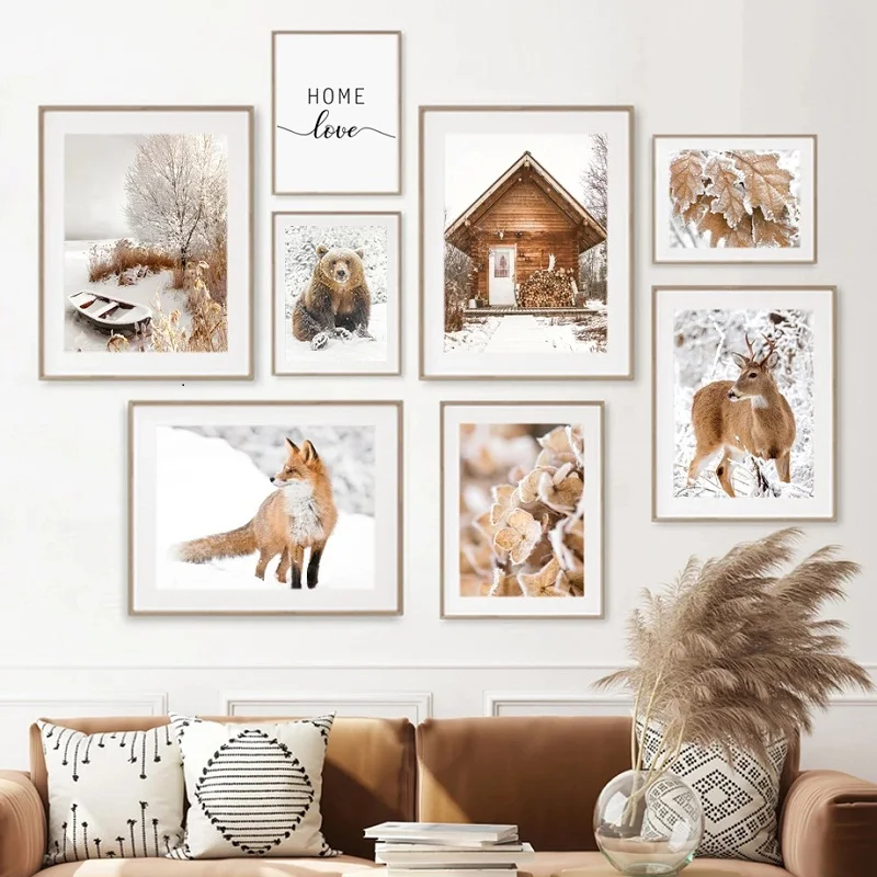 Modern Winter Forest Snowflake Landscape Painting White Snow Leaves Image Animal Bear Fox Squirrel Poster Bedroom Decoration