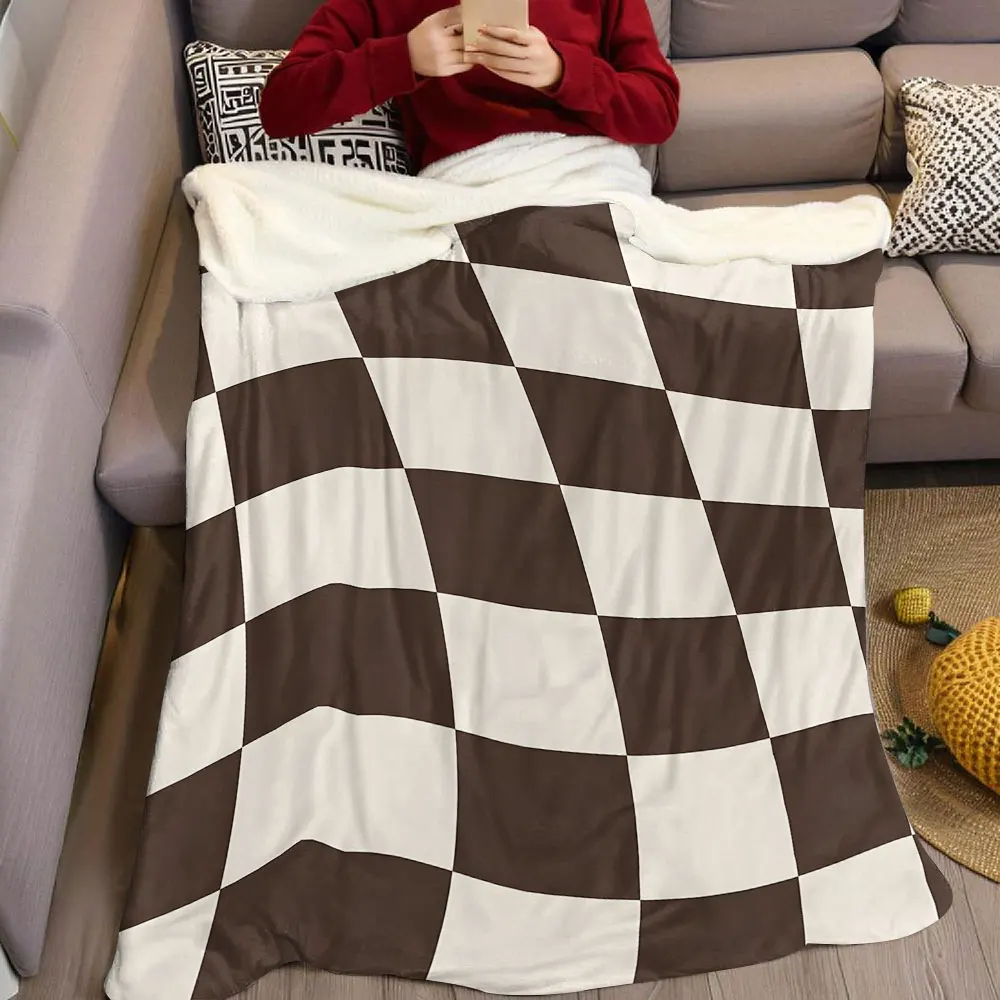Warped Brown Cream Check Flannel Blanket Warm Soft Halloween Christmas Decorative Couch Warm Cozy All-Season Gift