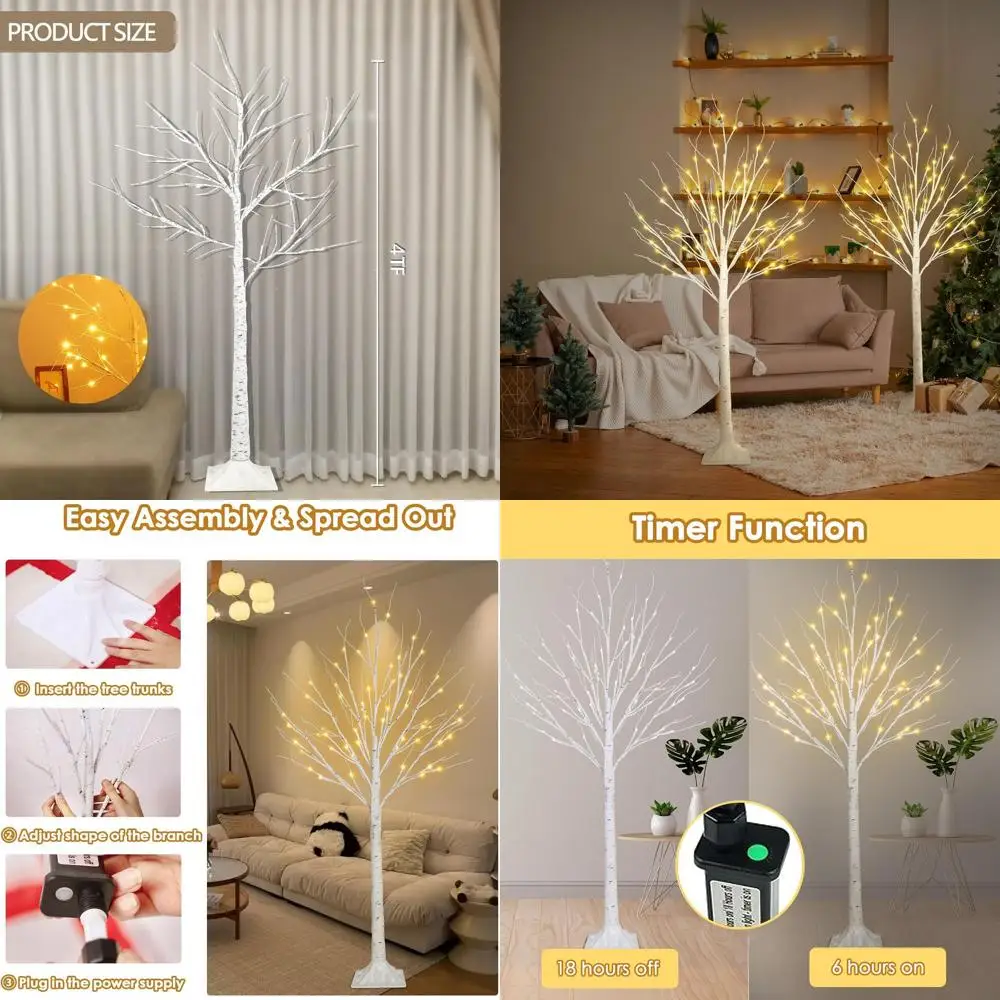 

4FT Tall LED-lit Birch Christmas Tree, 48 Warm White Lights, Indoor/Outdoor, 2 Lighting Modes