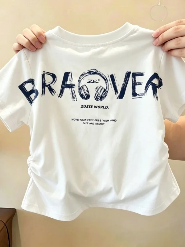 Camiseta de Gola Redonda Estilo Americano para Meninos, Top Casual de Verão com Manga Curta, Roupas Infantis Versáteis e Mode...