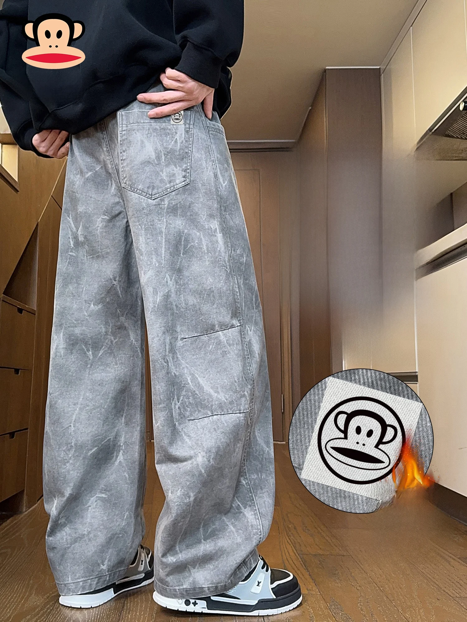 

Мужские повседневные брюки Paul Frank из хлопка на флисовой подкладке, свободные прямые брюки с эффектом окрашивания, весенние, плотные, для повседневной носки