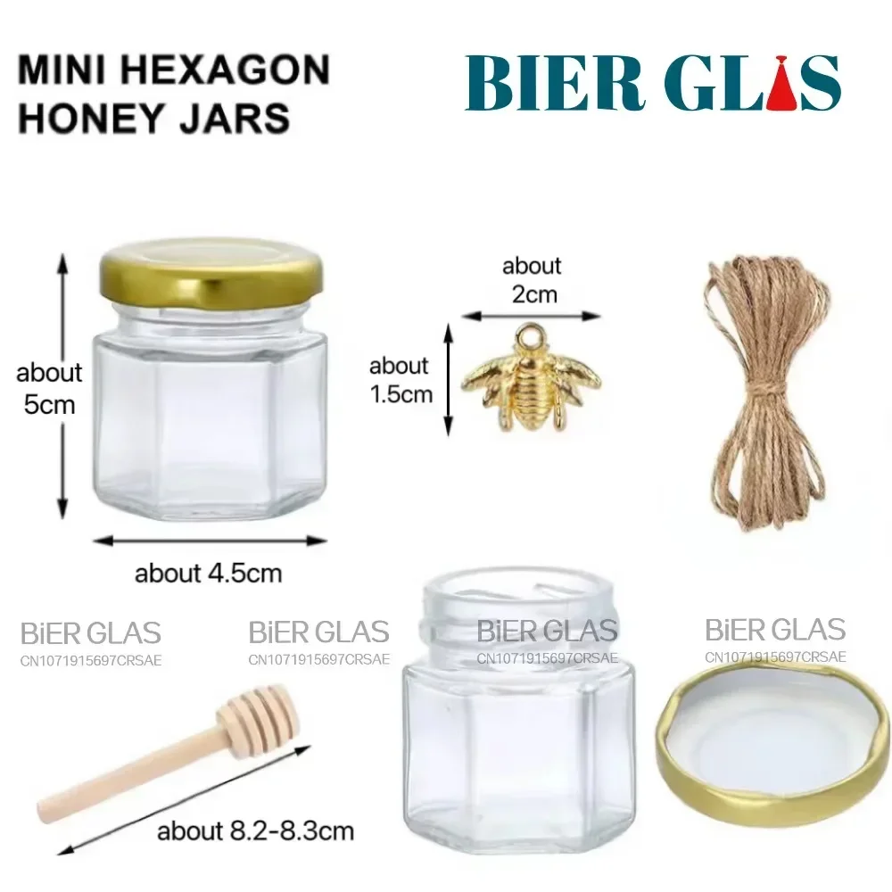 1.5oz Hexagon Mini Glass Jar Wood Dipper Gold Lid Bee Pendant Jute Rope Set Or Small Containers Bottles for Jam Candies Honey