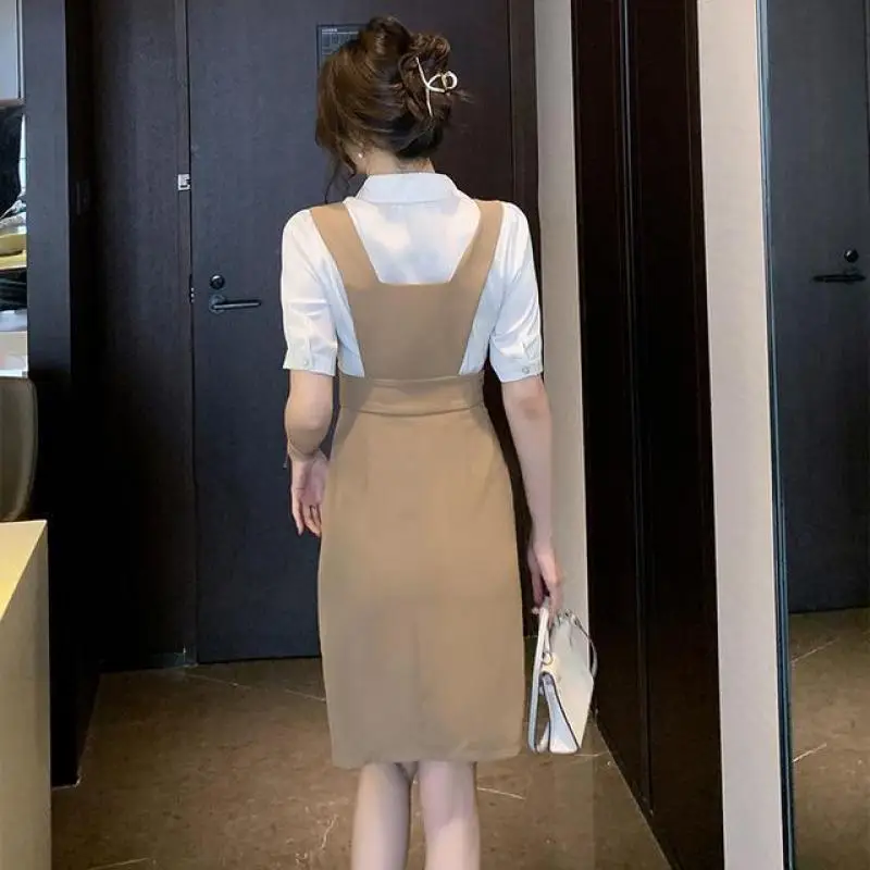2023 Summer New Arrival Korean Fashion Style Temperament Shirt Commuter Versatile Slim Fit Strap Dress Two Piece Set For Women