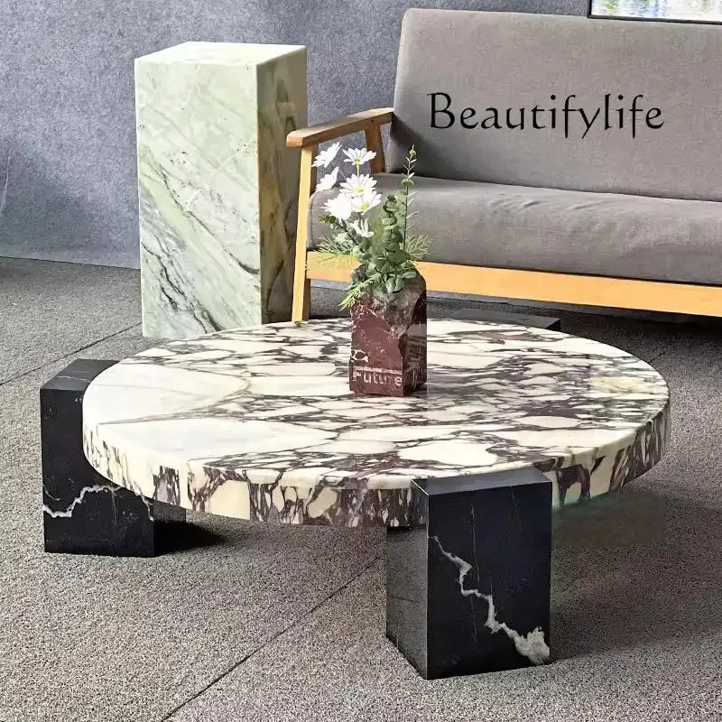 Nl 100 Pure Luxury Calactta Viola Marble Round Top Coffee Table With Black Marquina Marble Leg For Home Living Room
