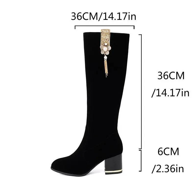 

Girseaby Flock Suede Female Knee High Boots Round Toe Block Heels Red Size 42 43 Fashion Booties