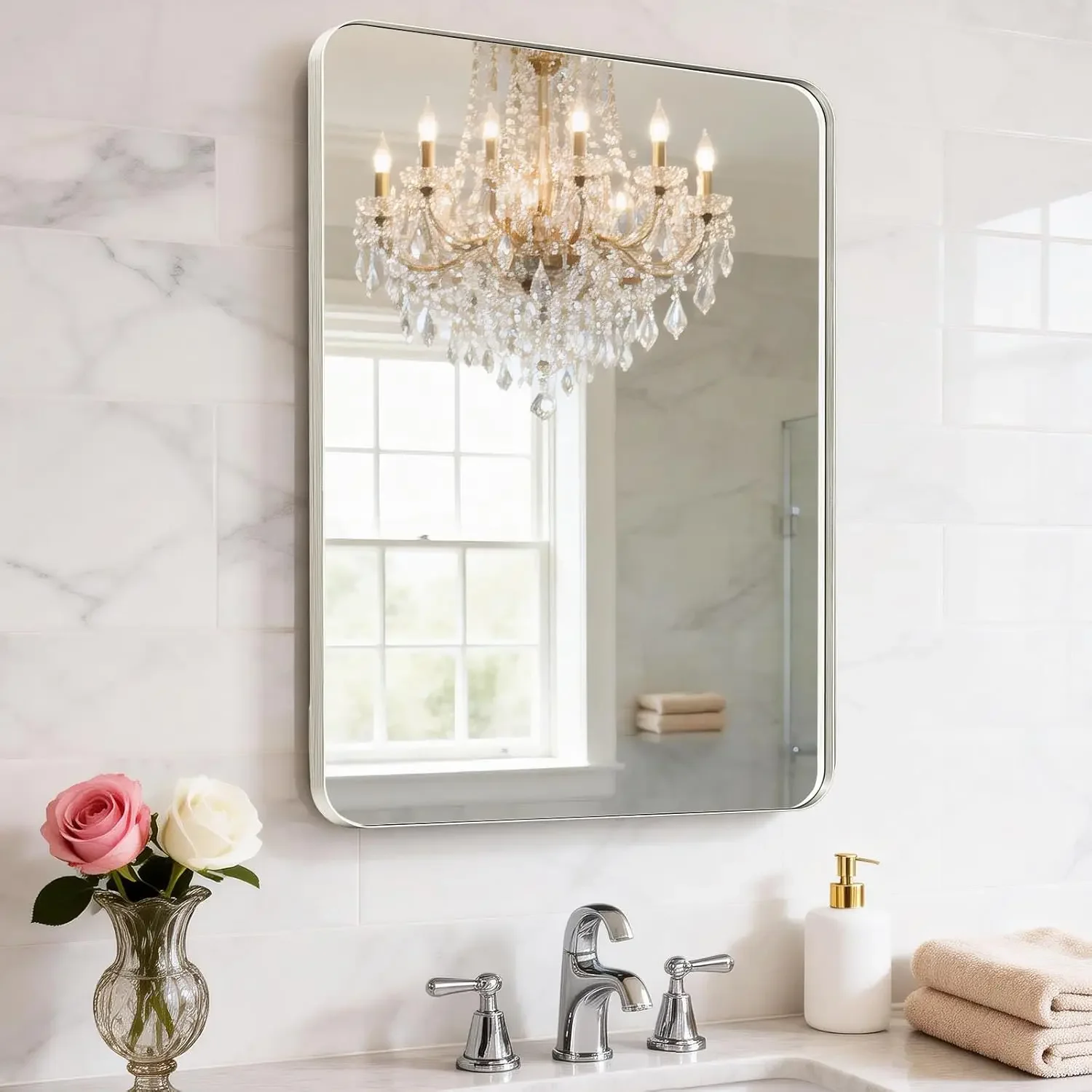 

24X28 Inch Brushed Nickel Bathroom Mirror for Wall, Brushed Silver Metal Framed Mirror, Rounded Rectangle Silver Bathroom Mirror